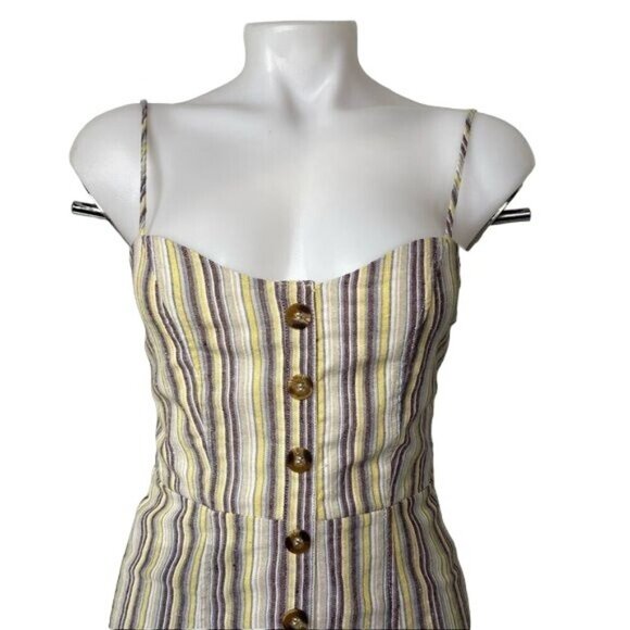 Mind Code Pin Striped Mini Linen Y2K Yellow Blue Brown Button Dress Size S - Picture 2 of 12